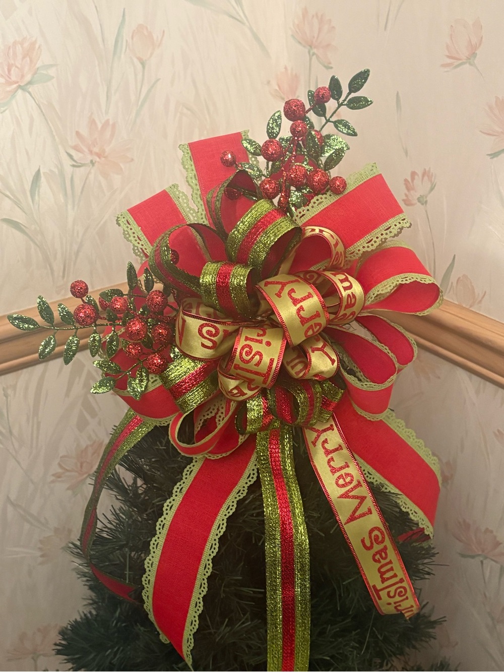 Festive Red & Green Christmas Tree Topper Bow